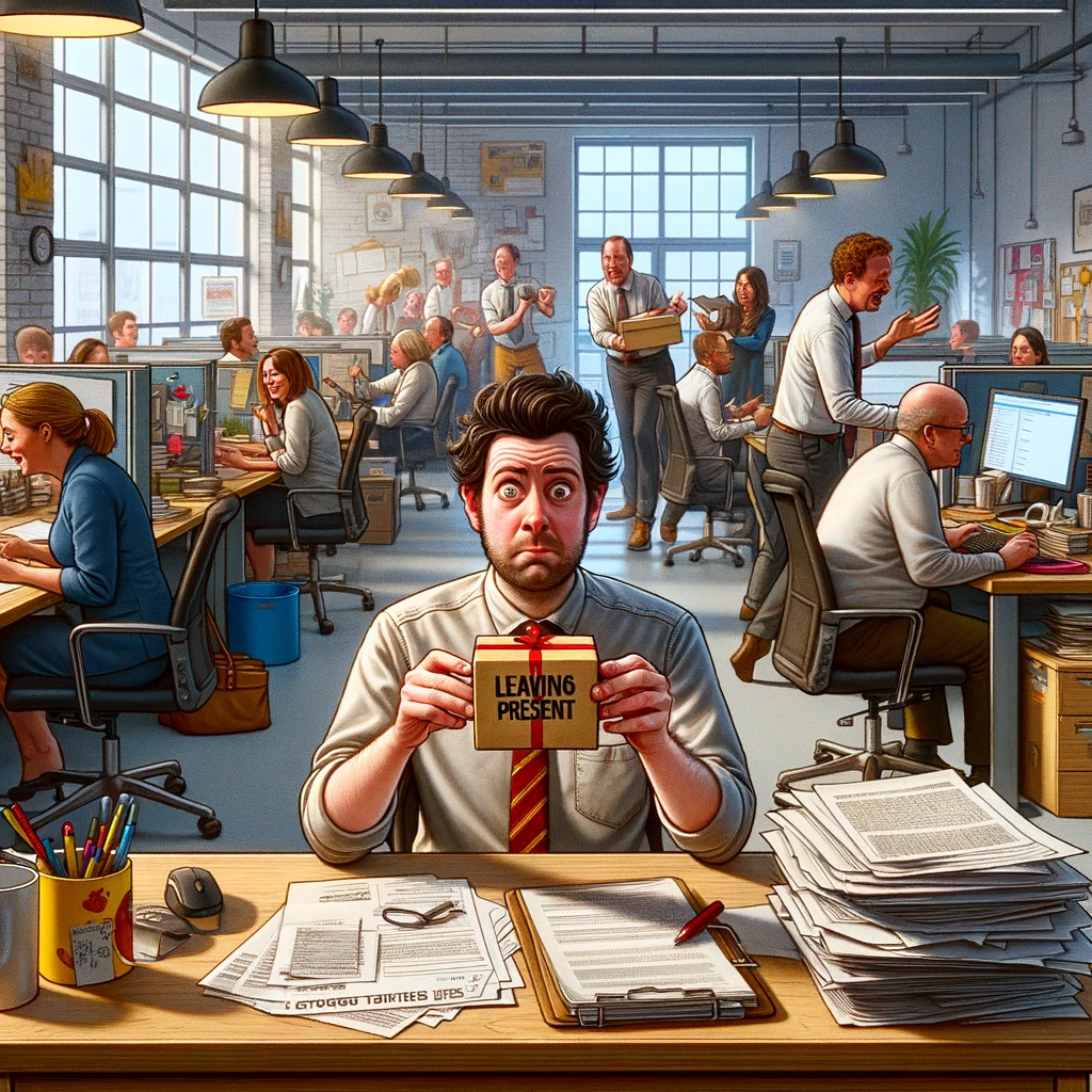 DALL·E 2024-02-28 15.04.05 - Visualize a comedic scene in an open office setting where an individual sits at their desk, overflowing with paperwork, looking directly at the viewer