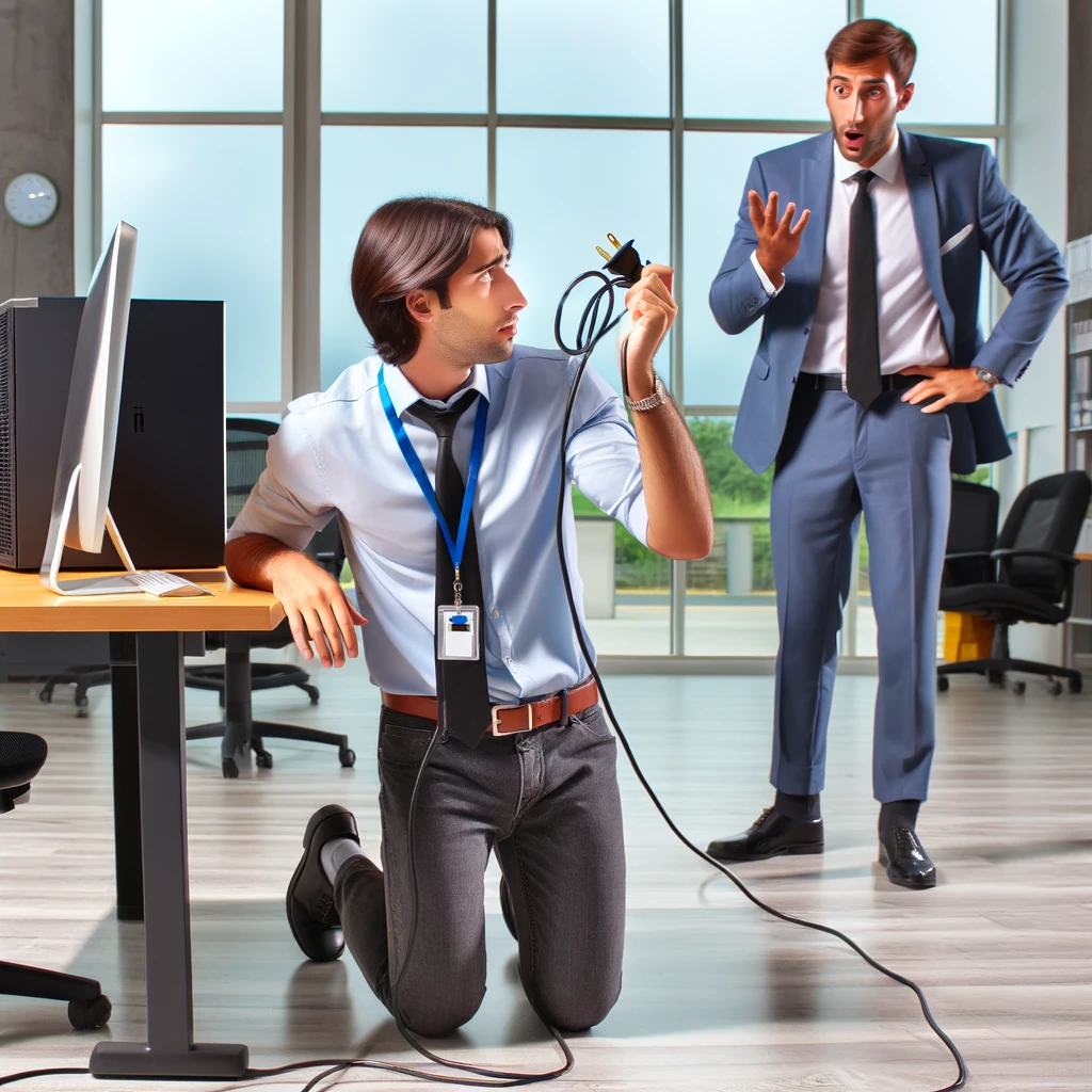 DALL·E 2024-02-29 20.53.23 - An IT engineer, dressed in smart casual attire with a badge around their neck, is kneeling down beside a desk in a modern office environment. They are